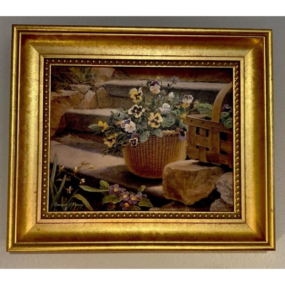Floral Still Life Painting Of Pansies In A Basket c. 1950s 13x11 Cottage